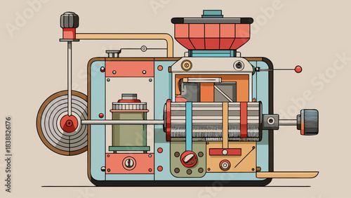 A colorful machine with a red knob on the front. The knob is labeled "start." The machine is made of metal and has a lot of buttons and knobs. It looks like a vintage machine