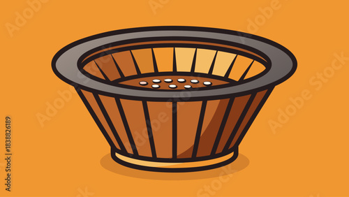 A bowl with a lot of small white objects in it. The bowl is brown and has a wooden rim