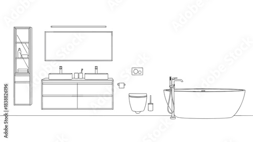 Modern Bathroom Vanity and Bathtub Vector Set, Floating Cabinet and Vessel Sink Elevation, Luxury Bath Interior Icons