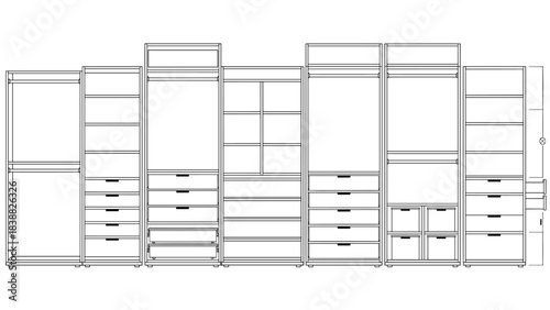 Wardrobe and Closet Organization Elevation Vectors, Shelving and Storage System Line Art, Interior Design Plan Elements