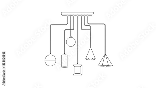 lighting fixture design, front view, vector line art, black outline white background, minimalist lamp design, interior decor element, no shading
