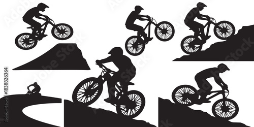 Collection of black silhouettes of cyclists performing extreme stunts on bicycles on ramps and rocky terrain.