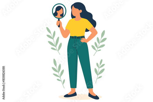 Woman holding mirror looking at her reflection showing self awareness confidence and personal identity, flat vector illustration