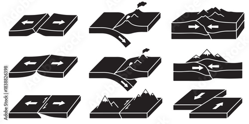 Diagram illustrating different types of tectonic plate boundaries and geological formations.