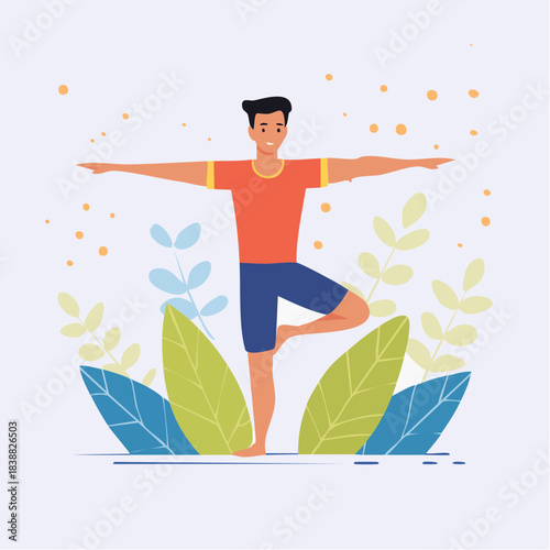 Man in Tree Pose A Flat Vector Illustration of Yoga Practice.