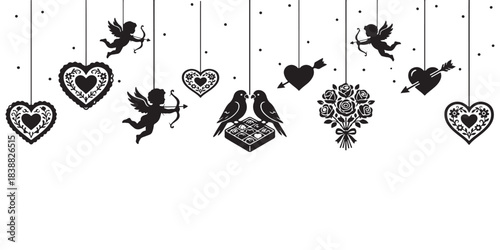 Valentine's Day decorative elements with cupids, hearts, lovebirds, and floral ornaments hanging against a white background.