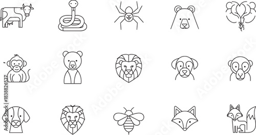 Collection of black and white line art icons depicting various animal heads and objects