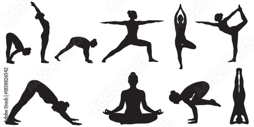 Collection of black silhouettes of people performing various yoga poses on a white background.