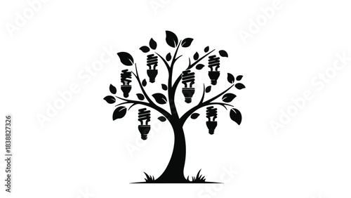 Creative idea tree with lightbulbs and leaves on white background