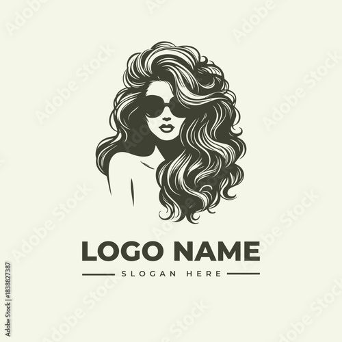 Vector logo illustration of stylish woman with wavy hair and sunglasses, graphic design, modern lifestyle concept, front view, engraping style