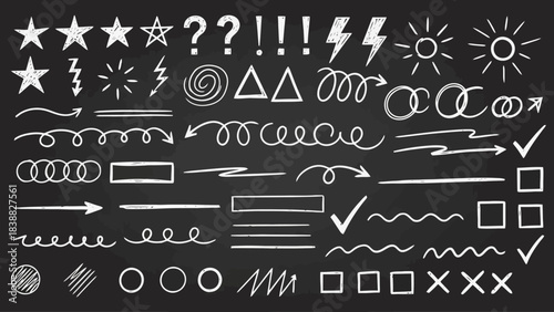 Set of Hand-Drawn Doodle Elements: Stars, Arrows, Symbols, and Shapes on Black