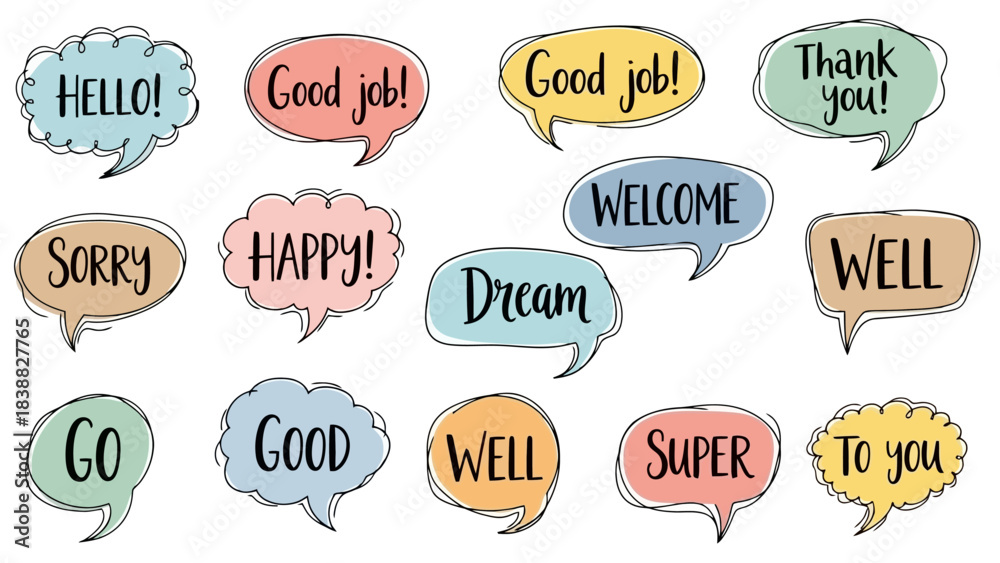 Fototapeta premium Set of Colorful Speech Bubbles with Positive Phrases and Greetings on White Background