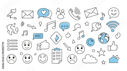 Vector Doodle Icons for Social Media, Communication, and Technology Concepts