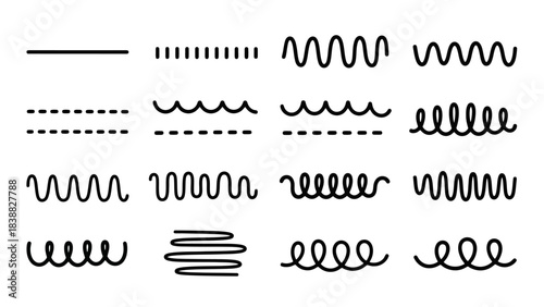 Collection of Stylized Lines and Waves: Wavy, Dashed, and Spiral Designs