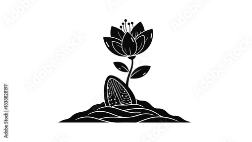 Simple black illustration of a lotus flower growing from the ground