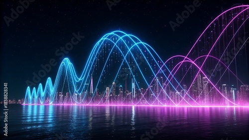 Abstract digital sound wave or data visualization forming an arching bridge structure over a futuristic city skyline reflected in water at night, glowing blue and pink neon lights, dark background