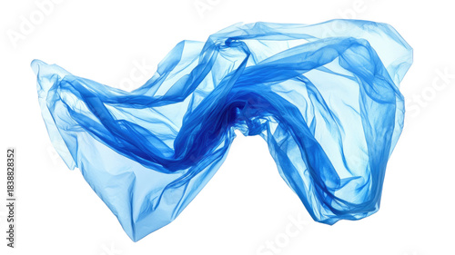Blue crumpled plastic grocery shopping bag appearing airborne with wrinkled lightweight form and floating motion isolated on white background