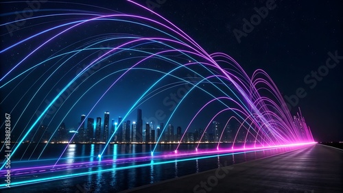 Abstract glowing neon light trails in blue and purple forming arches over a dark city skyline reflecting on water at night, representing data transfer, technology, and digital communication