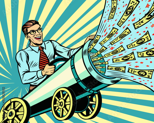 A joyful businessman shoots money from a cannon a pop art illustration