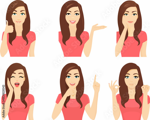 Diverse expressions of a young woman illustrated in a vector style
