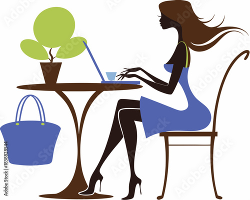 Silhouette of a woman working on a laptop at a cafe table