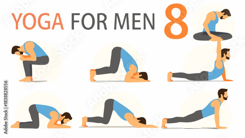 Yoga poses for men illustrated in a vector graphic style