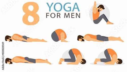 Yoga poses for men illustrated with silhouettes and orange accents