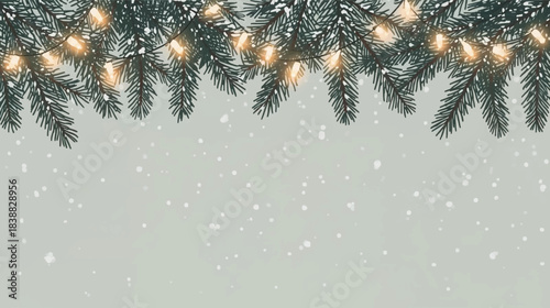 Snow-dusted pine branches with warm white garland lights and falling flake particles, seamless overlay for holiday invitations