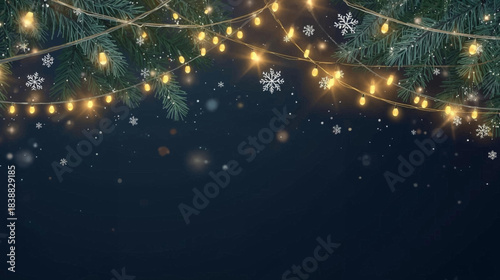 A festive winter background with fir branches, glowing string lights, and falling snowflakes on a dark blue backdrop.