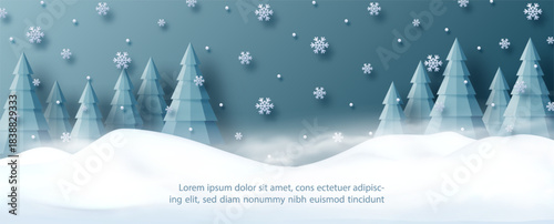 Winter wonderland festive holiday scenery featuring with snowflakes and pine trees in 3d and paper cut style on gradient blue background.