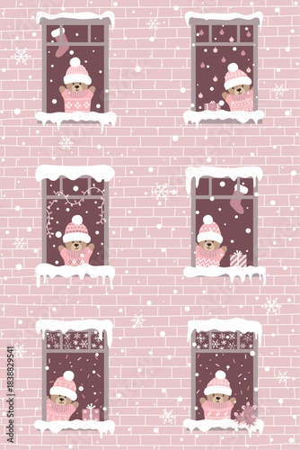Christmas Building with Cute Teddy Bears in Windows. Winter Holidays Poster. Greeting Card Template. Teddy Bears in Pink Sweaters, Hats. Christmas Decorations, Gifts, Ornaments. Vector in Pink, White