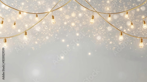 Warm glowing string lights with sparkling bokeh effect on a soft grey background.