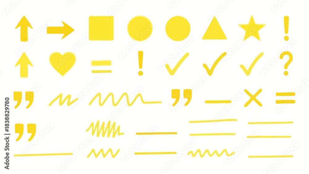 Fototapeta premium Yellow highlighter marks and symbols collection for design on white background