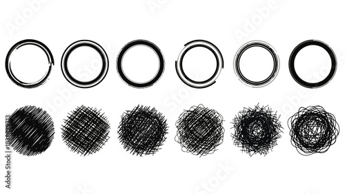 Set of Hand Drawn Circles and Scribbled Textures, Grunge Artistic Elements