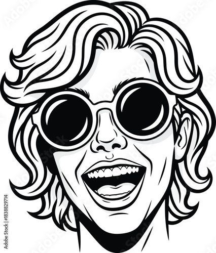 Bold black and white line art of a joyful person with wavy hair and round sunglasses laughing.