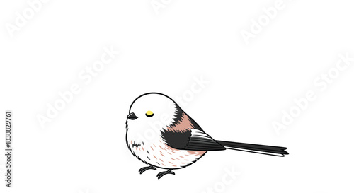 Cute and simple animated pixel art illustration of a long-tailed tit (shima enaga) bird turning its head and blinking, isolated on a clean white background, showcasing its fluffy appearance.
