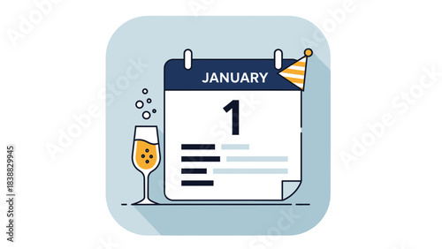 January 1st calendar icon with champagne and party hat New Year celebration concept flat vector illu