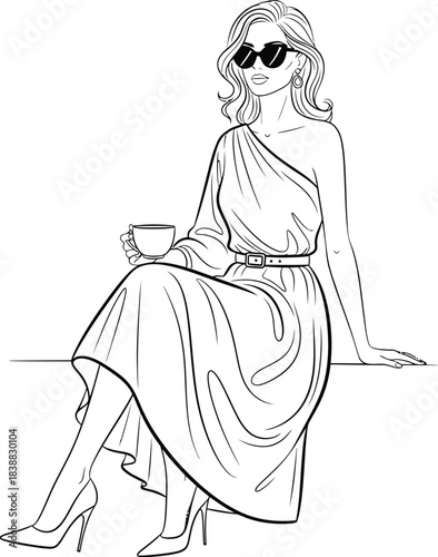 Elegant woman in a oneshoulder dress and sunglasses holding a coffee cup line art illustration.