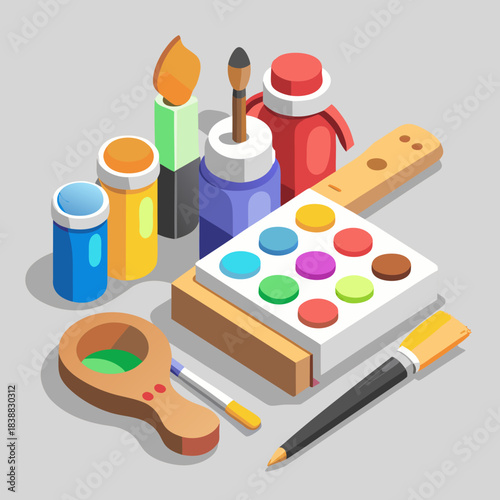 palette with brushes and paints