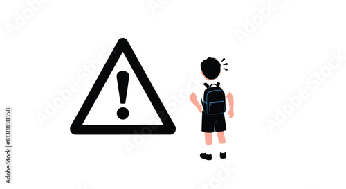 Simple illustration showing the back view of a schoolboy with a backpack looking up at a large triangular warning sign with an exclamation mark, symbolizing child safety and awareness.