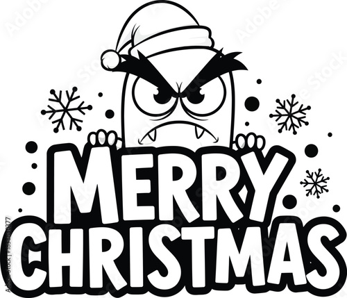 Grumpy cartoon monster in a Santa hat with an angry expression peeking over Merry Christmas text.