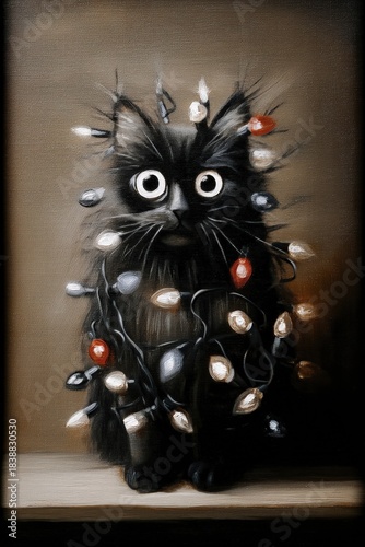 Un adorable gato negro envuelto en luces navideñas, con una expresión de sorpresa y confusión.