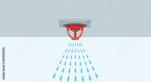 Simple flat design illustration of a ceiling-mounted fire sprinkler head activated and spraying water downwards to extinguish a fire, representing fire safety and prevention systems in buildings.