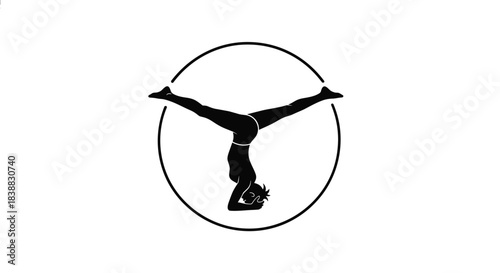 Minimalist black and white logo featuring the silhouette of a woman in a supported headstand yoga pose (Salamba Sirsasana) with her legs split, perfectly framed within a circle.