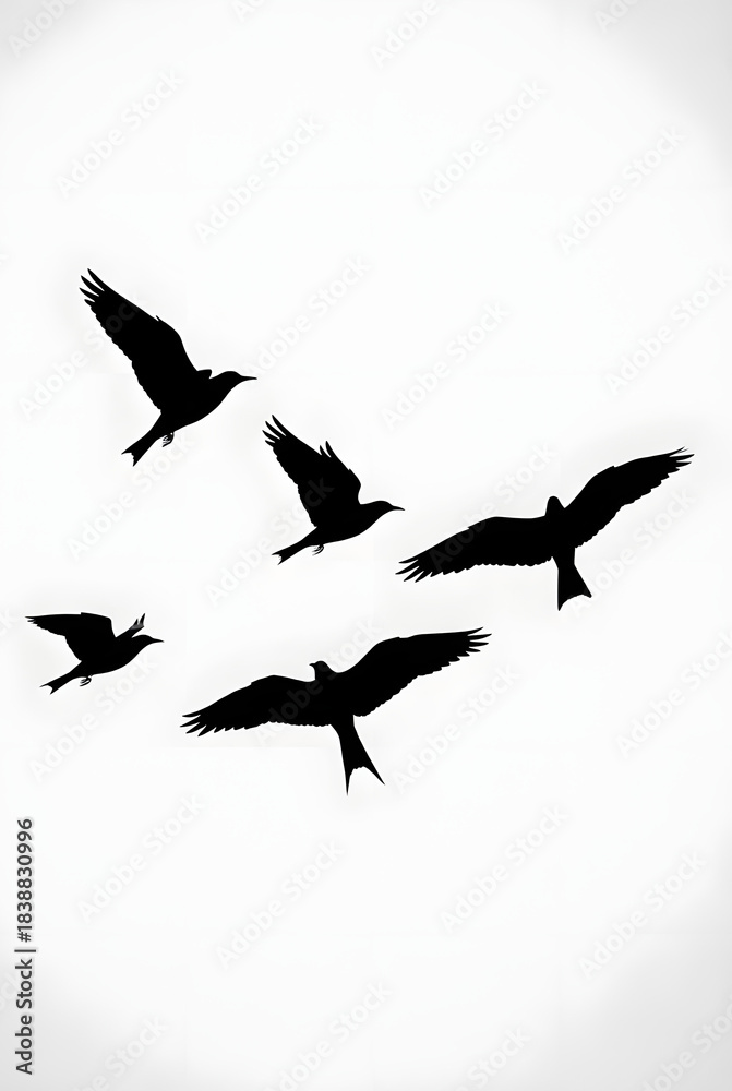 Fototapeta premium Flying Bird Silhouettes in Formation on White Background