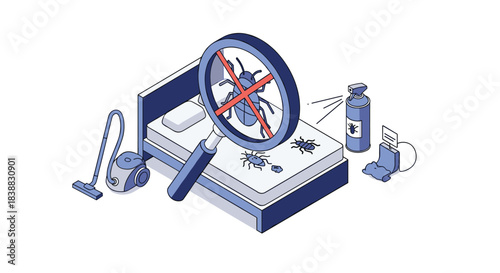 Isometric illustration concept for pest control and bed bug extermination, showing a mattress infested with bugs being inspected with a magnifying glass, sprayed, and cleaned with a vacuum.
