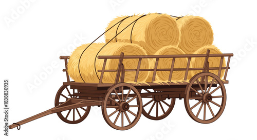 Vintage-style illustration of a rustic wooden farm cart or wagon loaded with large, round bales of hay, isolated on a white background, evoking themes of agriculture and rural life.