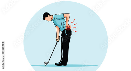 Illustration of a male golfer bending over to address the ball and experiencing sudden lower back pain, indicated by red flashes, highlighting common sports injuries and physical strain.