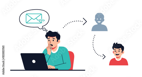 Vector illustration depicting the anxiety of sending an email to the wrong person, showing a shocked man at his laptop realizing his mistake as the message is sent to an unintended recipient.