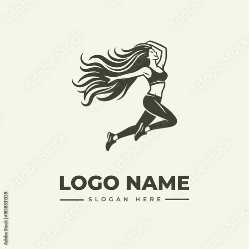 Detailed monochrome vector emblem of muscular woman leaping energetically with long flowing hair and athletic attire. Sport concept